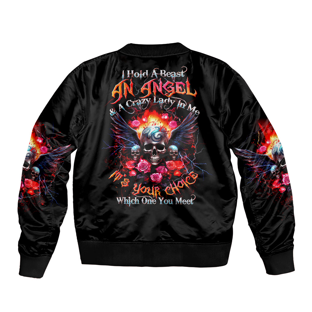 Rose Skull Bomber Jacket I Hold A Beast A Angel And A Crazy Lady In Me - Wonder Print Shop