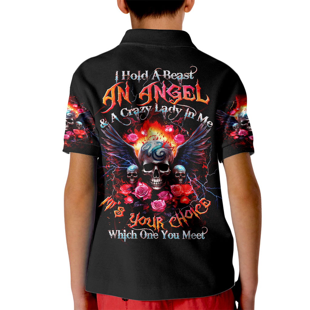 Rose Skull Kid Polo Shirt I Hold A Beast A Angel And A Crazy Lady In Me - Wonder Print Shop