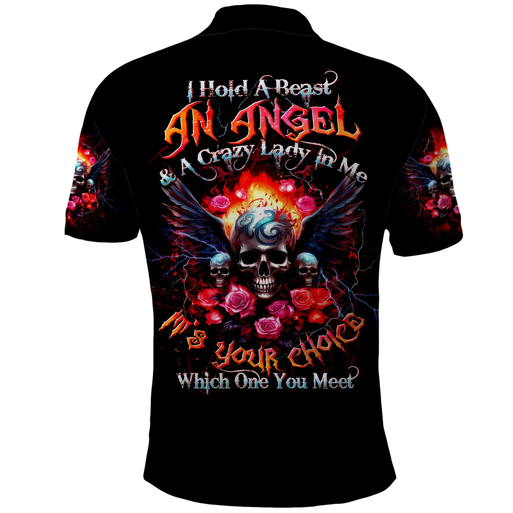 Rose Skull Polo Shirt I Hold A Beast A Angel And A Crazy Lady In Me - Wonder Print Shop