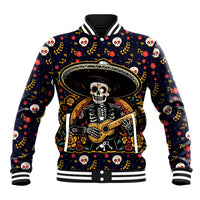 Black baseball jacket with skull sombrero graphic, striped collar and cuffs