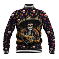 Black baseball jacket back with skull holding guitar, colorful floral pattern