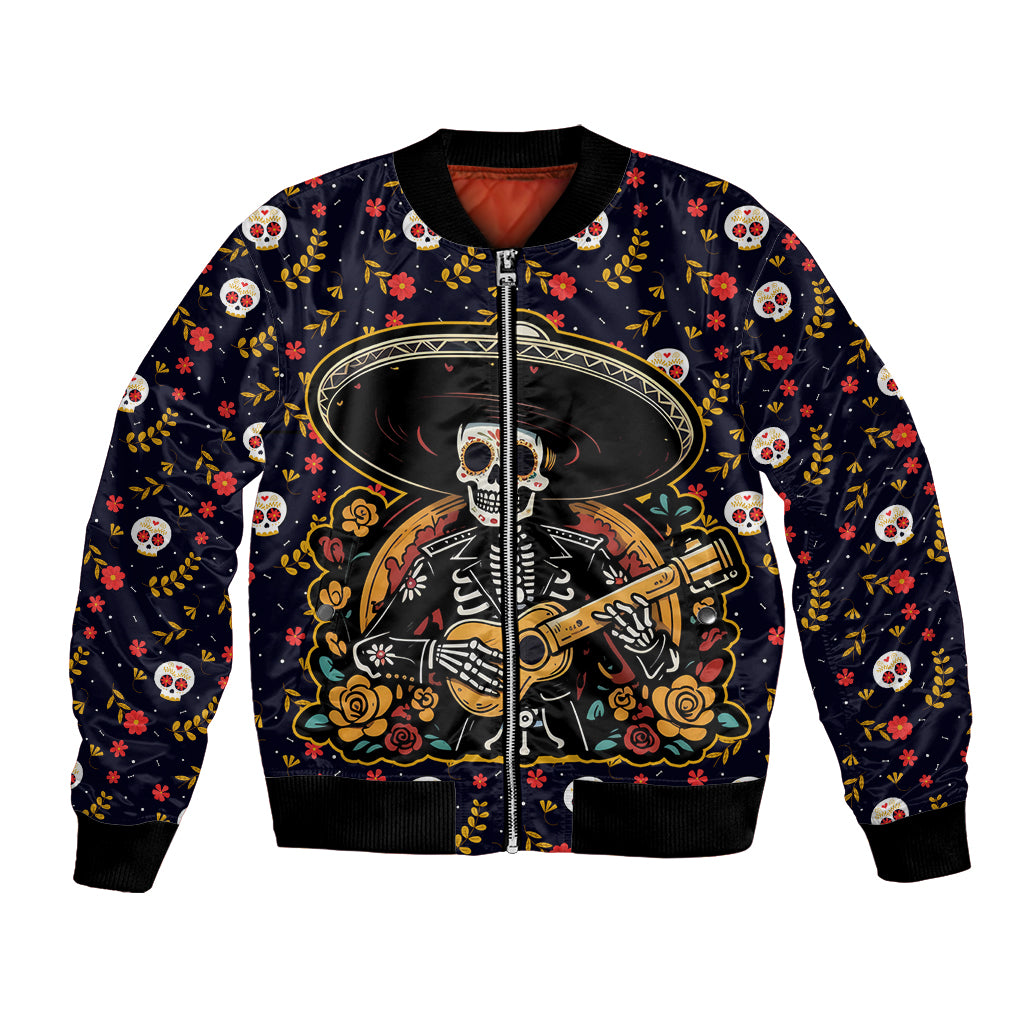 Unisex black bomber jacket with colorful sugar skull musician graphic and ribbed cuffs