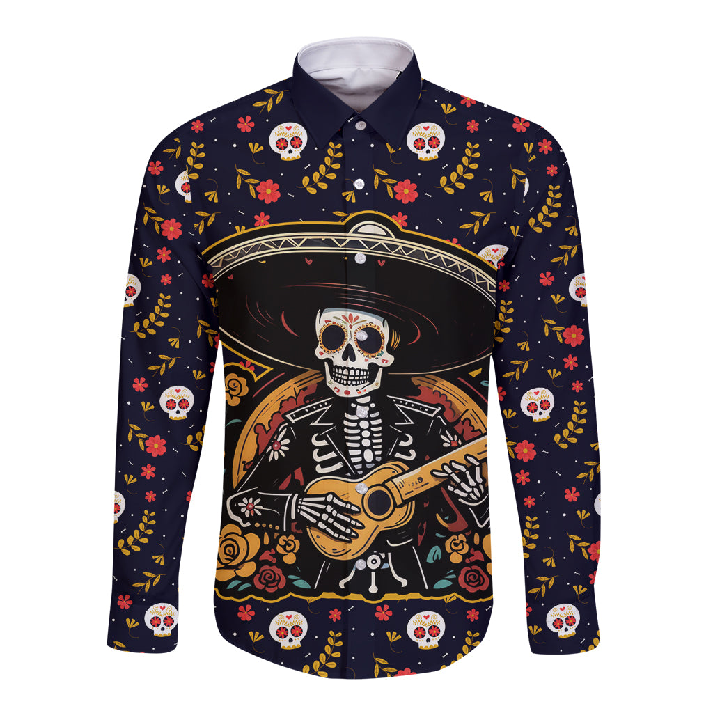 Day of Dead Skull Long Sleeve Button Shirt Sugar Skull Musican - Wonder Print Shop