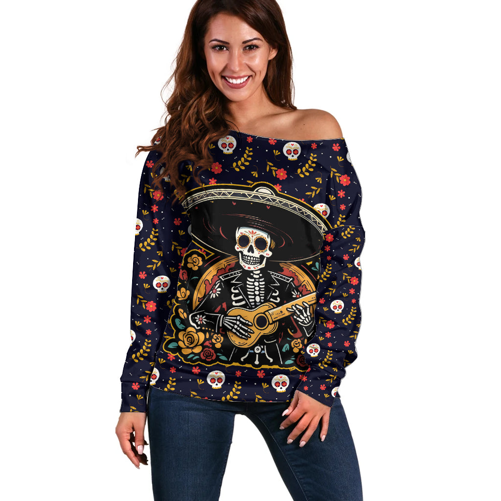 Day of Dead Skull Off Shoulder Sweater Sugar Skull Musican - Wonder Print Shop