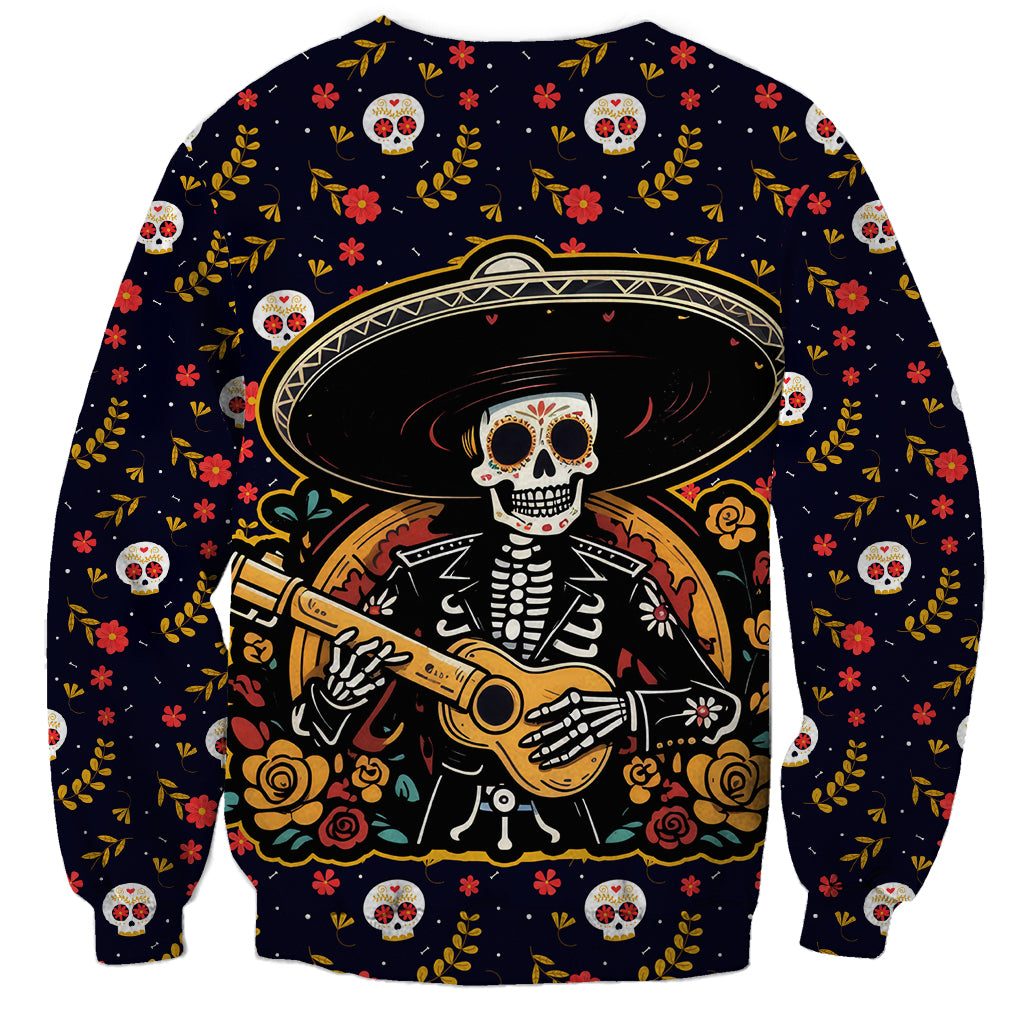 Unisex black sweatshirt featuring centered skull mariachi in sombrero with roses and flowers