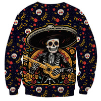 Unisex black sweatshirt featuring centered skull mariachi in sombrero with roses and flowers