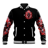 Black baseball jacket with red skull flame front graphic and striped rib collar