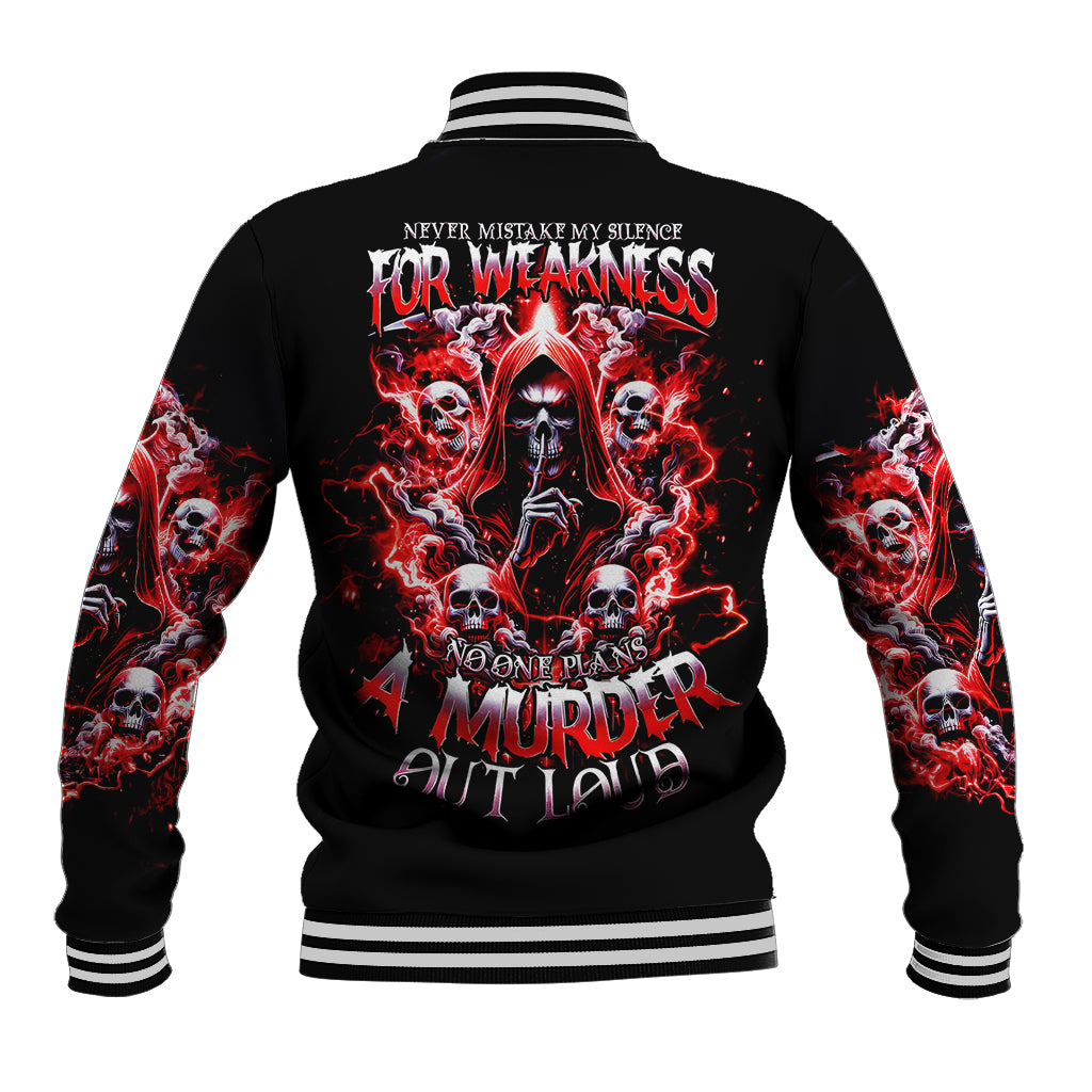 Black baseball jacket with red skull flame back graphic and striped rib trim