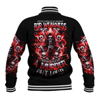Black baseball jacket with red skull flame back graphic and striped rib trim