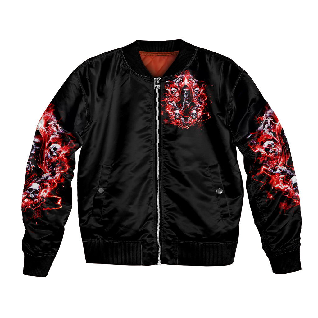 Unisex black bomber jacket with front zipper, red skull graphic and red sleeve flames
