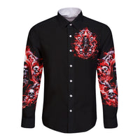 Black long sleeve button shirt with red skull chest graphic and red sleeve prints