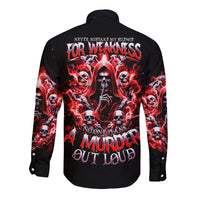 Black long sleeve button shirt with red skull graphic and text on back