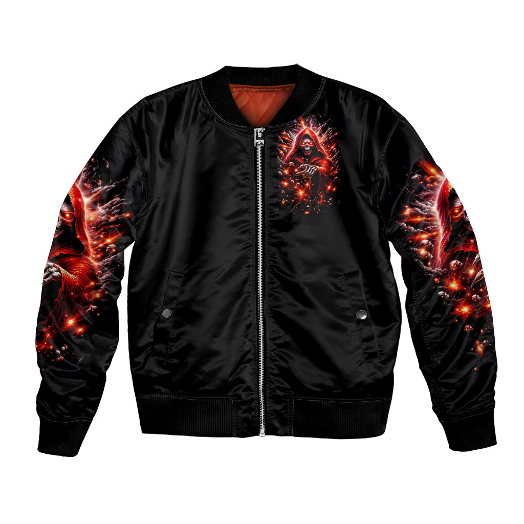 Black bomber jacket with front flame skull chest print, full zipper, ribbed cuffs