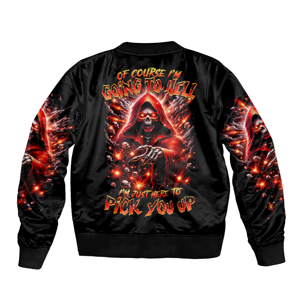 Black bomber jacket with flame skull back graphic, bold red lettering, ribbed collar