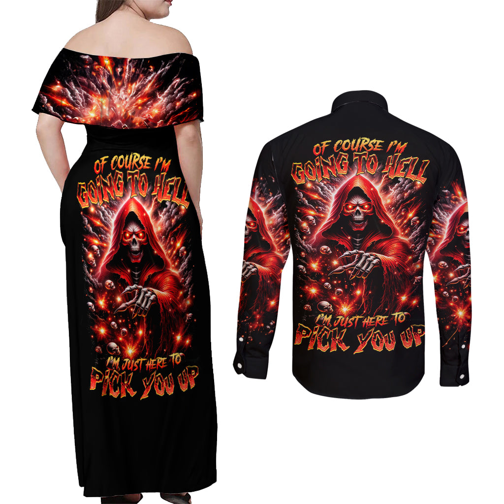 Flame Skull Couples Matching Off Shoulder Maxi Dress and Long Sleeve Button Shirt Of Course I'm Going To Hell Just Pick You Up - Wonder Print Shop