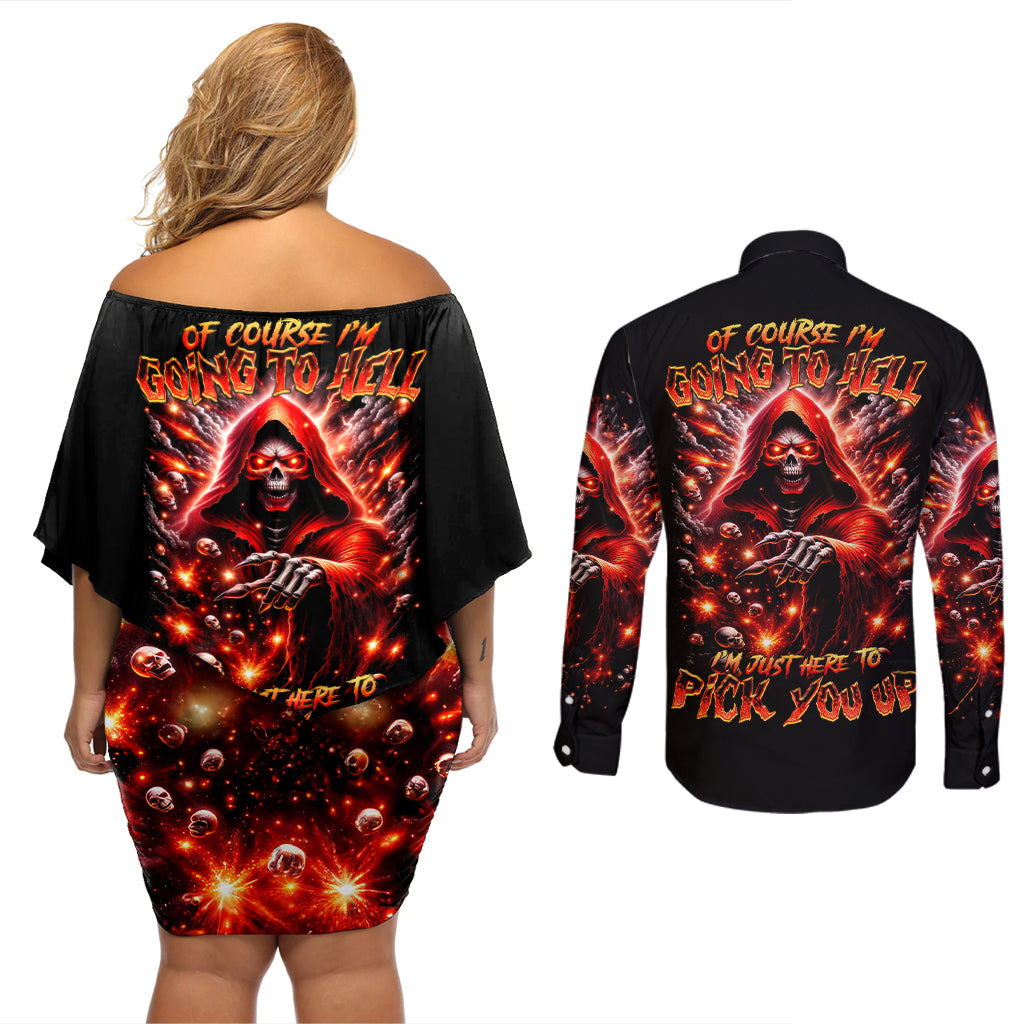 Flame Skull Couples Matching Off Shoulder Short Dress and Long Sleeve Button Shirt Of Course I'm Going To Hell Just Pick You Up - Wonder Print Shop