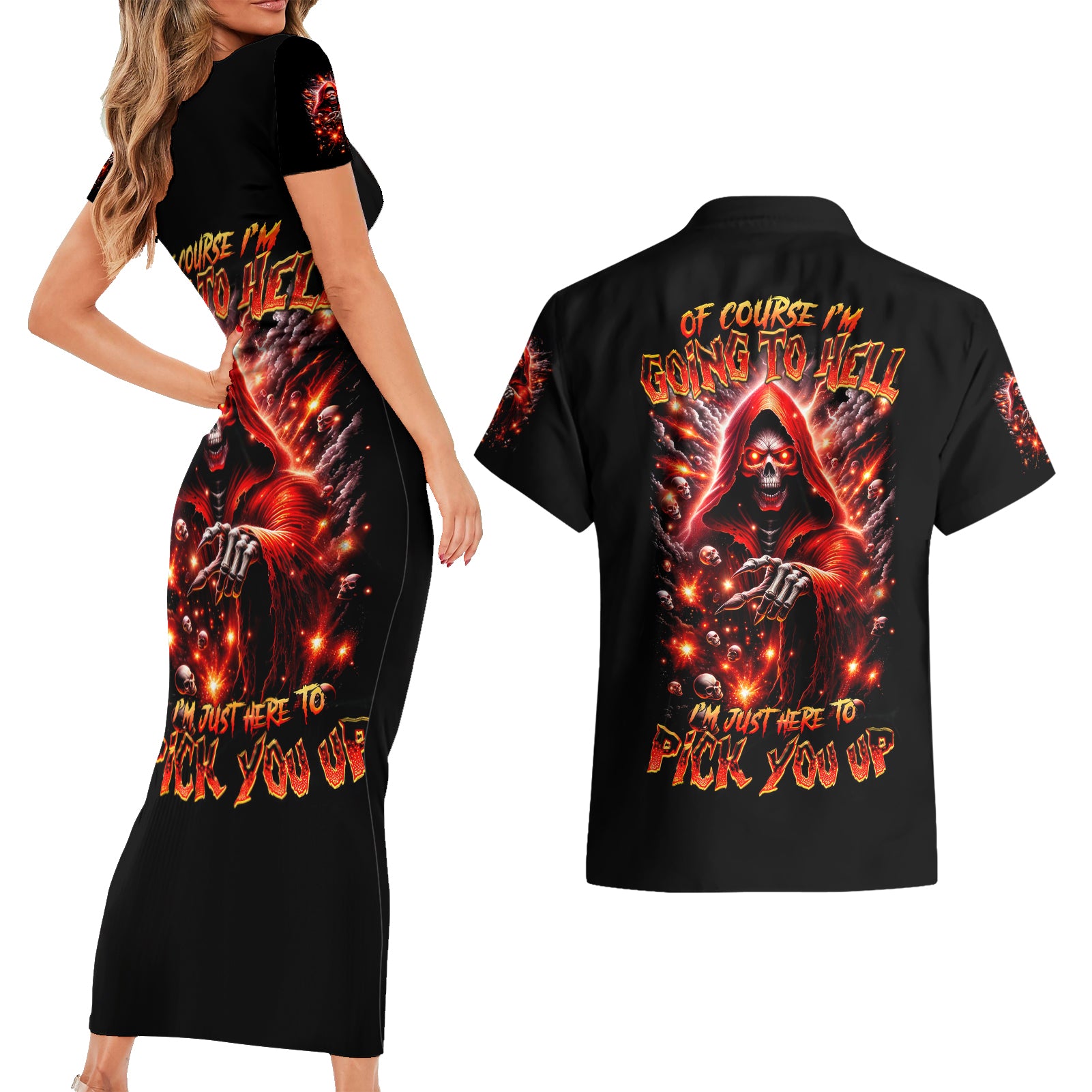 Flame Skull Couples Matching Short Sleeve Bodycon Dress and Hawaiian Shirt Of Course I'm Going To Hell Just Pick You Up - Wonder Print Shop