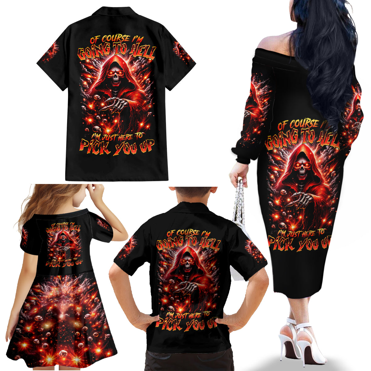 Flame Skull Family Matching Off Shoulder Long Sleeve Dress and Hawaiian Shirt Of Course I'm Going To Hell Just Pick You Up - Wonder Print Shop