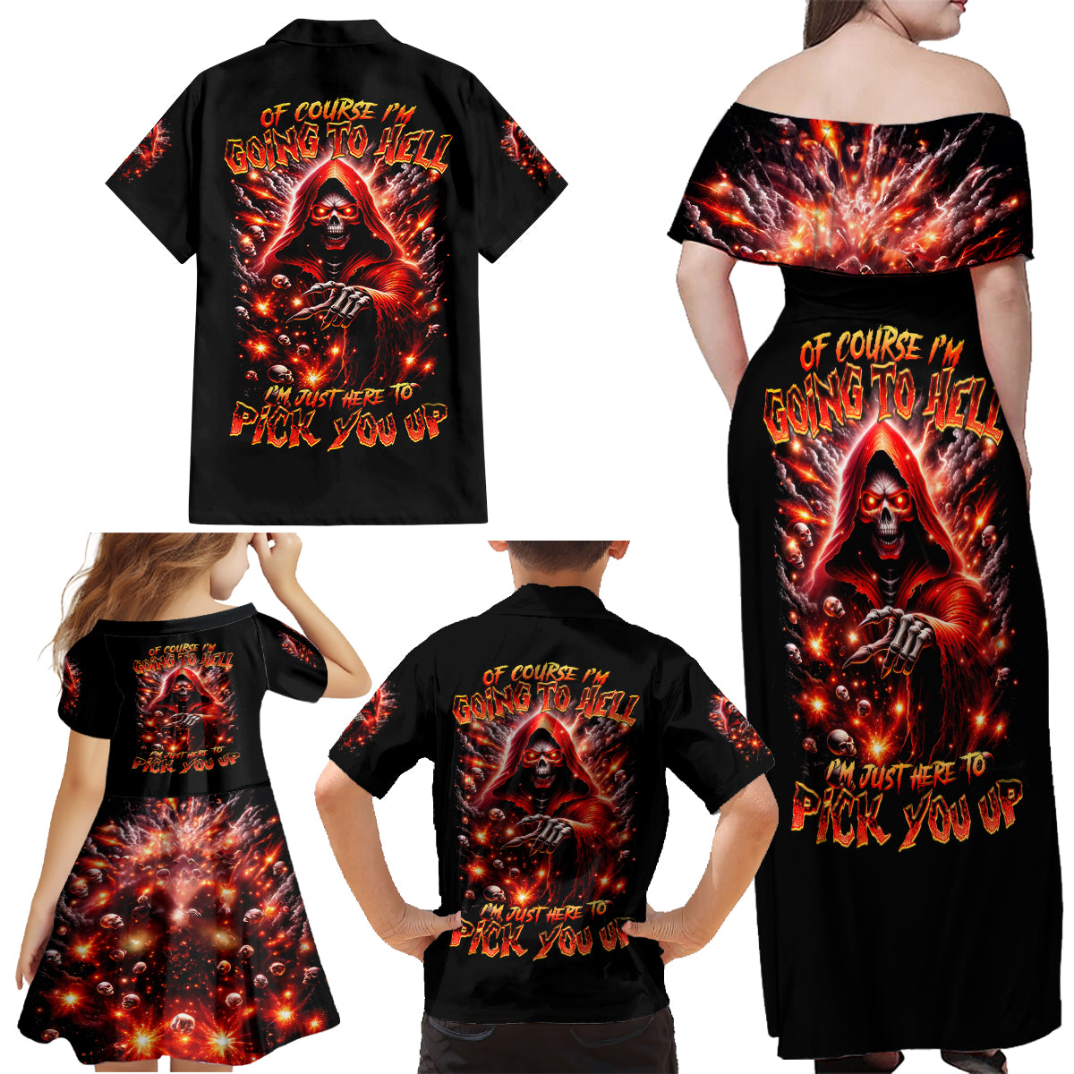 Flame Skull Family Matching Off Shoulder Maxi Dress and Hawaiian Shirt Of Course I'm Going To Hell Just Pick You Up - Wonder Print Shop