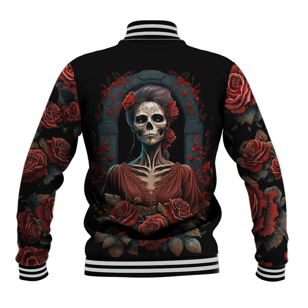 Black baseball jacket with back sugar skull woman and red roses, striped ribbed cuffs
