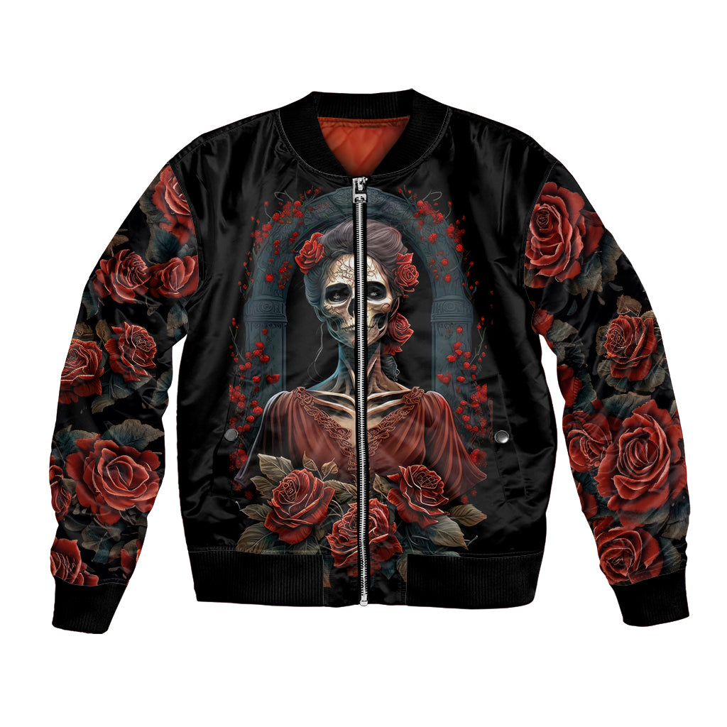 Black bomber jacket with front sugar skull and red roses graphic, full-zip front