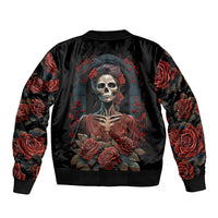 Black bomber jacket with back sugar skull woman and red rose print