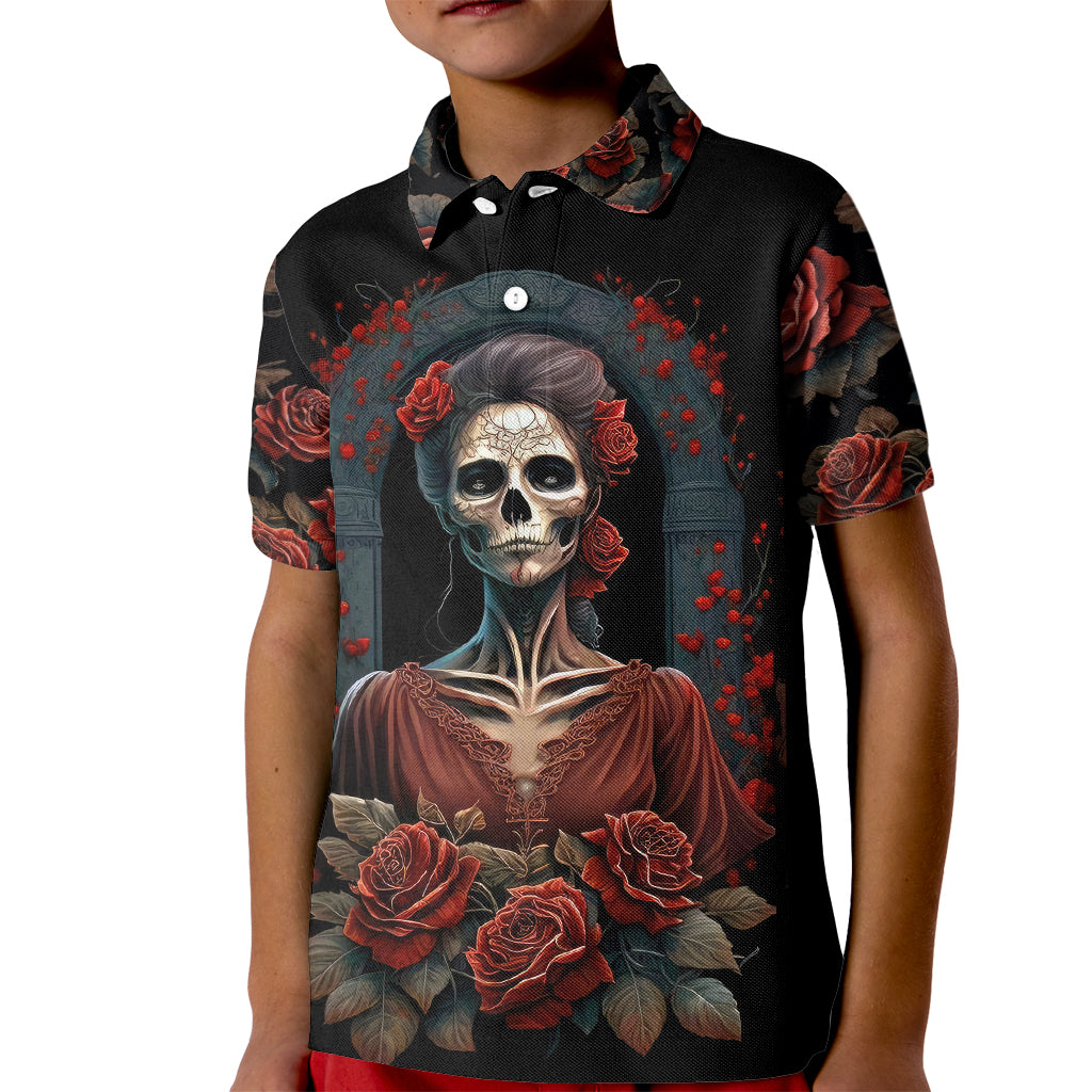 Day of Dead Lady Kid Polo Shirt Sugar Skull Rose Lady - Wonder Print Shop