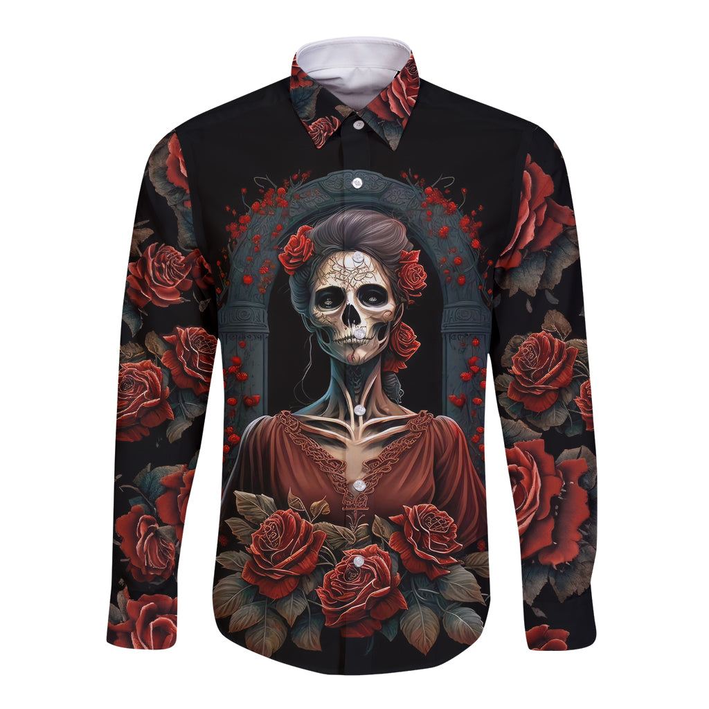 Day of Dead Lady Long Sleeve Button Shirt Sugar Skull Rose Lady - Wonder Print Shop