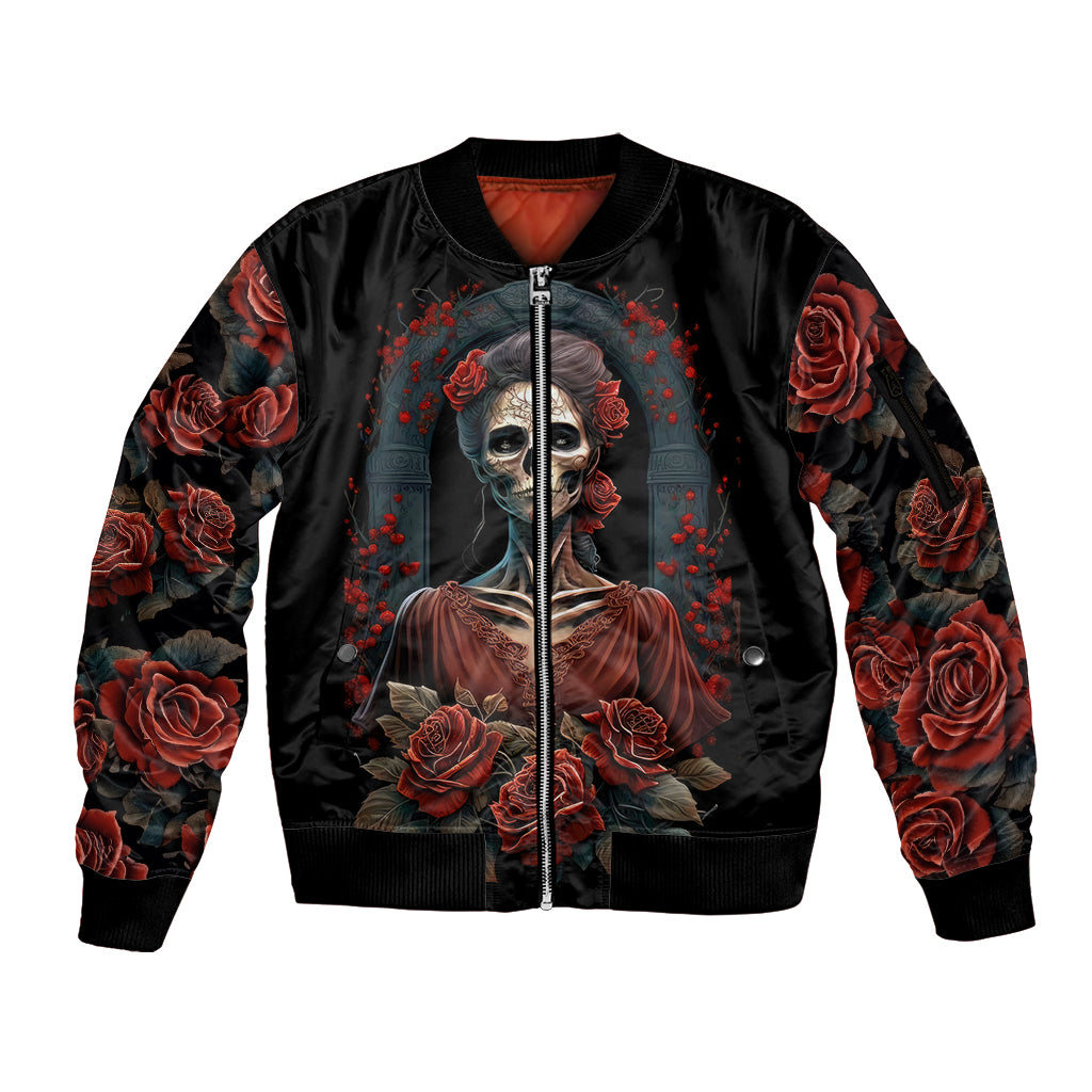 Day of Dead Lady Sleeve Zip Bomber Jacket Sugar Skull Rose Lady - Wonder Print Shop