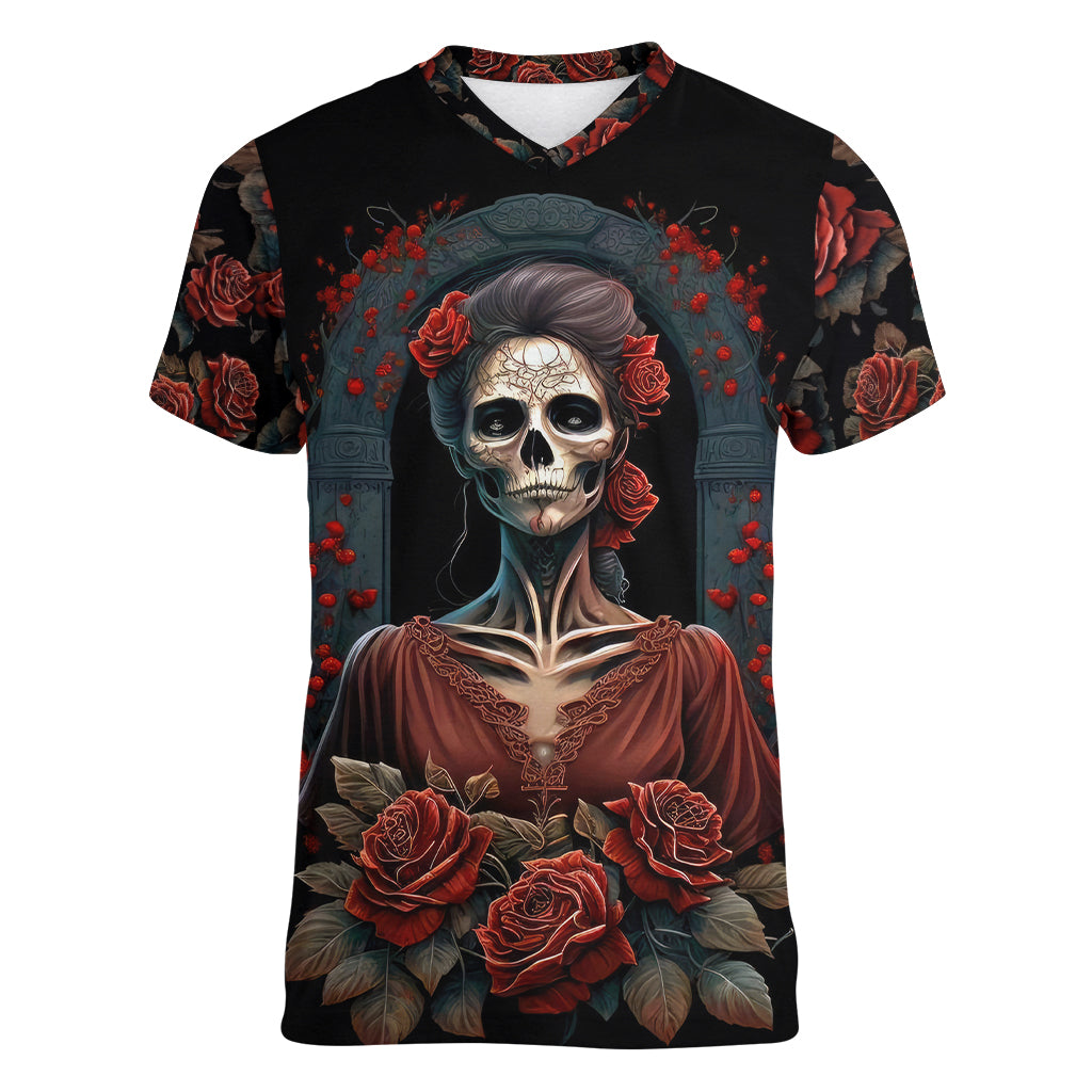 Day of Dead Lady Women V Neck T Shirt Sugar Skull Rose Lady - Wonder Print Shop