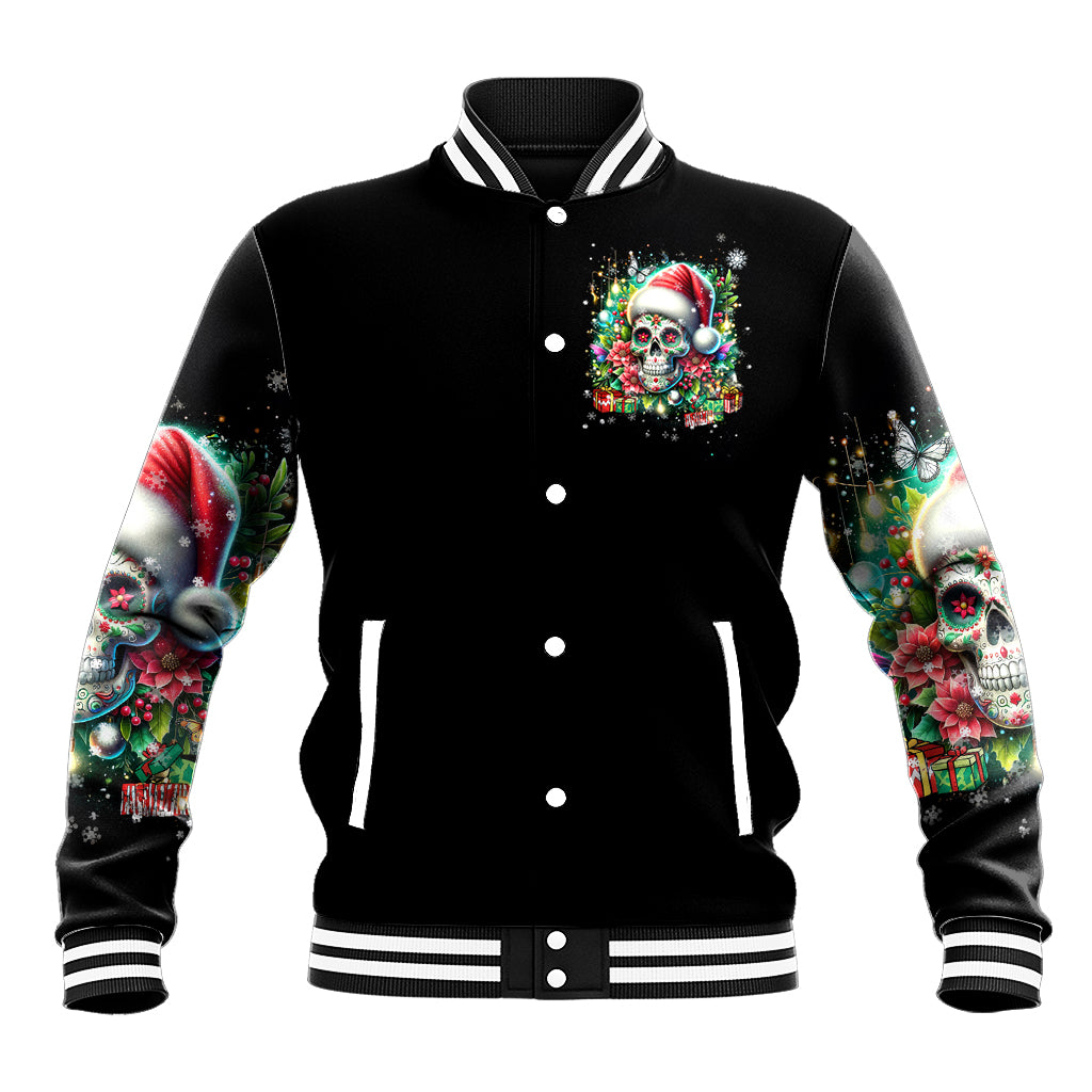 Christmas Skull Baseball Jacket On The Naughty List I Regret Nothing - Wonder Print Shop