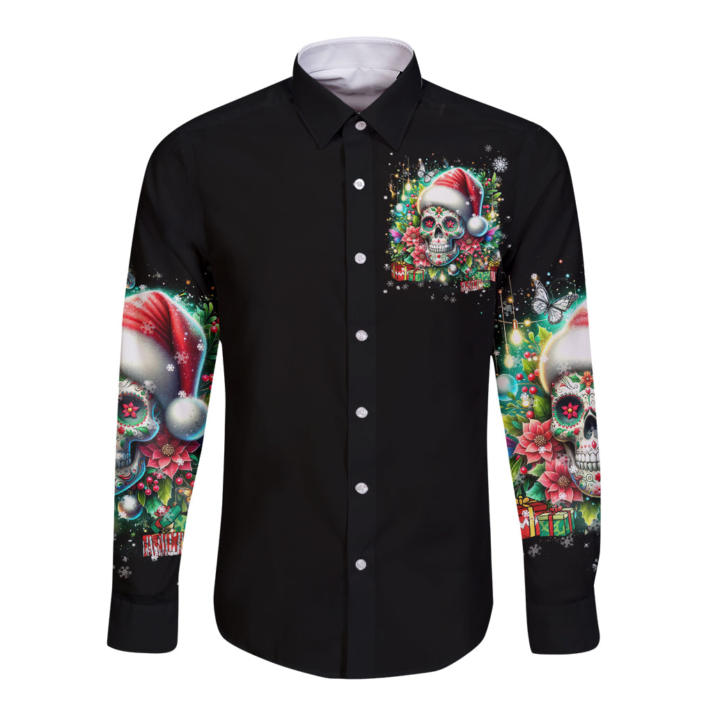 Christmas Skull Long Sleeve Button Shirt On The Naughty List I Regret Nothing - Wonder Print Shop