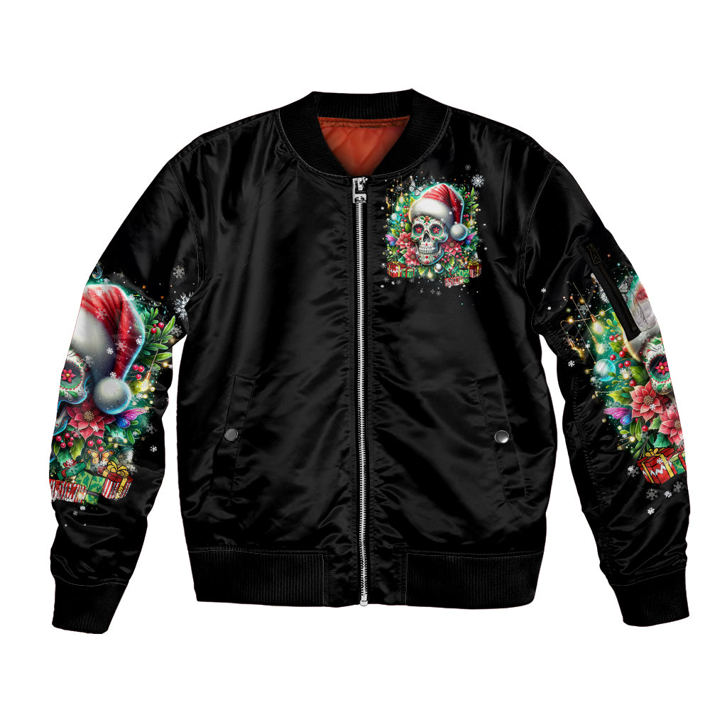 Christmas Skull Sleeve Zip Bomber Jacket On The Naughty List I Regret Nothing - Wonder Print Shop