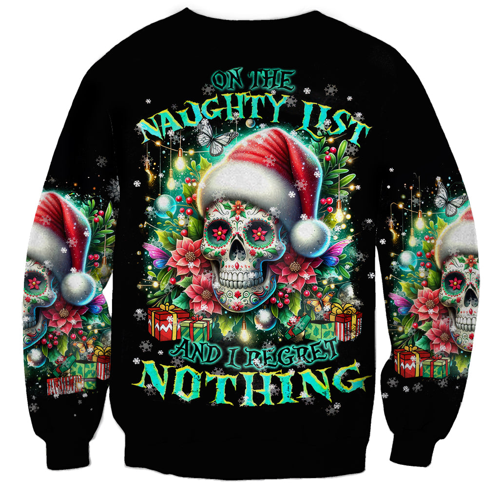 Black unisex sweatshirt with back text ON THE NAUGHTY and skull graphic