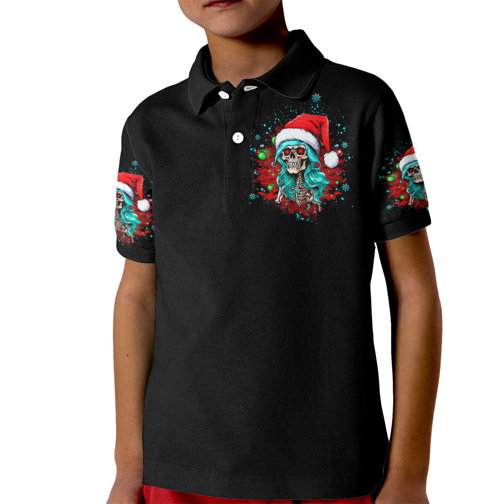 Christmas Skull Lady Kid Polo Shirt On The Naughty List I Regret Nothing - Wonder Print Shop