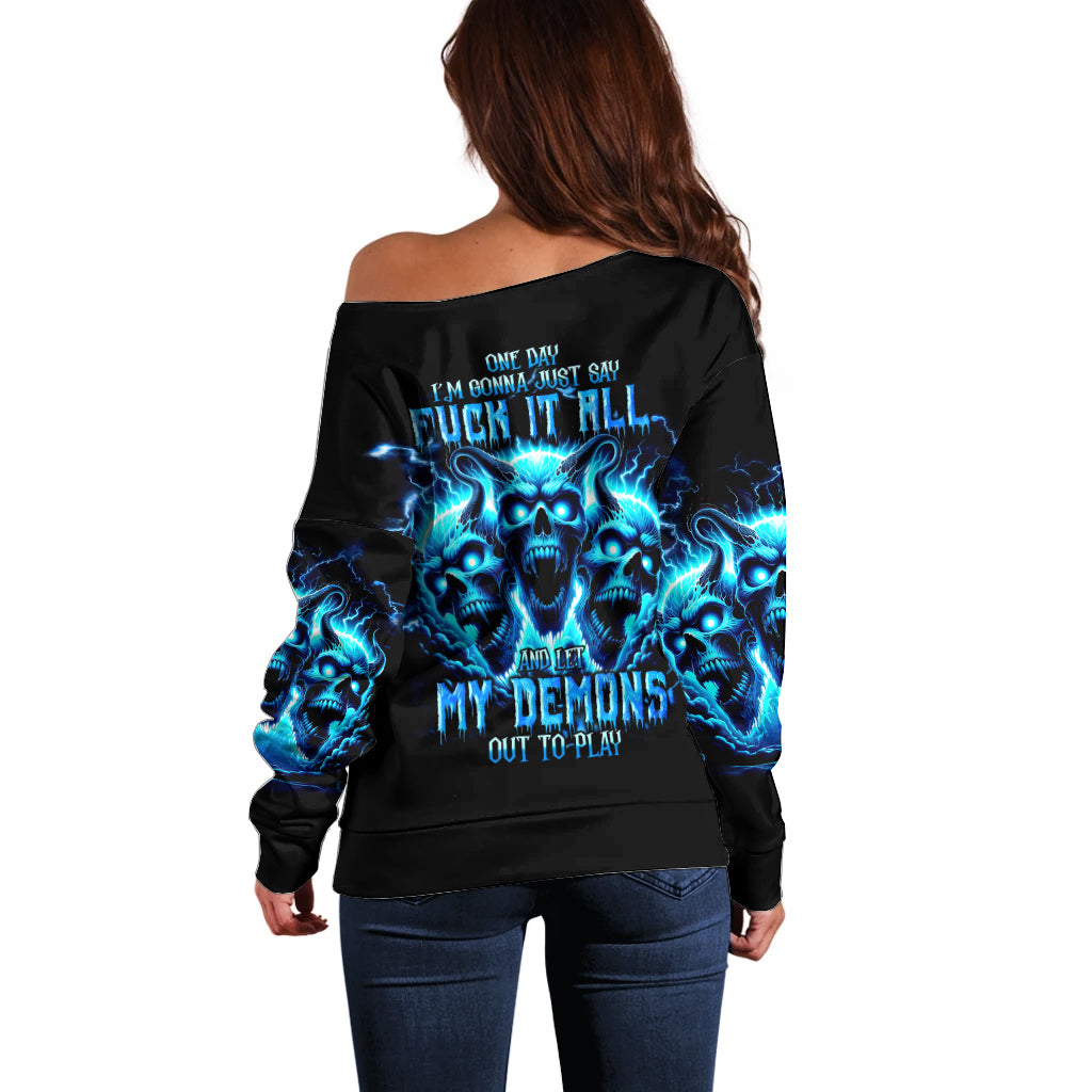 Demon Skull Off Shoulder Sweater One Day I Gonna Say Fuck It All - Wonder Print Shop