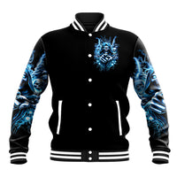 Black varsity baseball jacket, blue skull art front, striped ribbed collar and cuffs