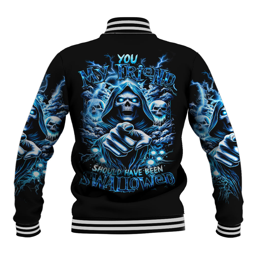 Black baseball jacket with blue skull graphic on back, striped ribbed collar and cuffs