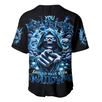 Black baseball jersey with blue skull-and-fist graphic on front