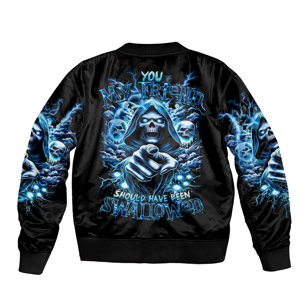 Black bomber jacket with blue skull graphic on back, ribbed collar and cuffs