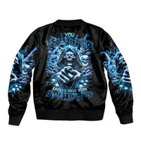 Black bomber jacket with blue skull graphic on back, ribbed collar and cuffs