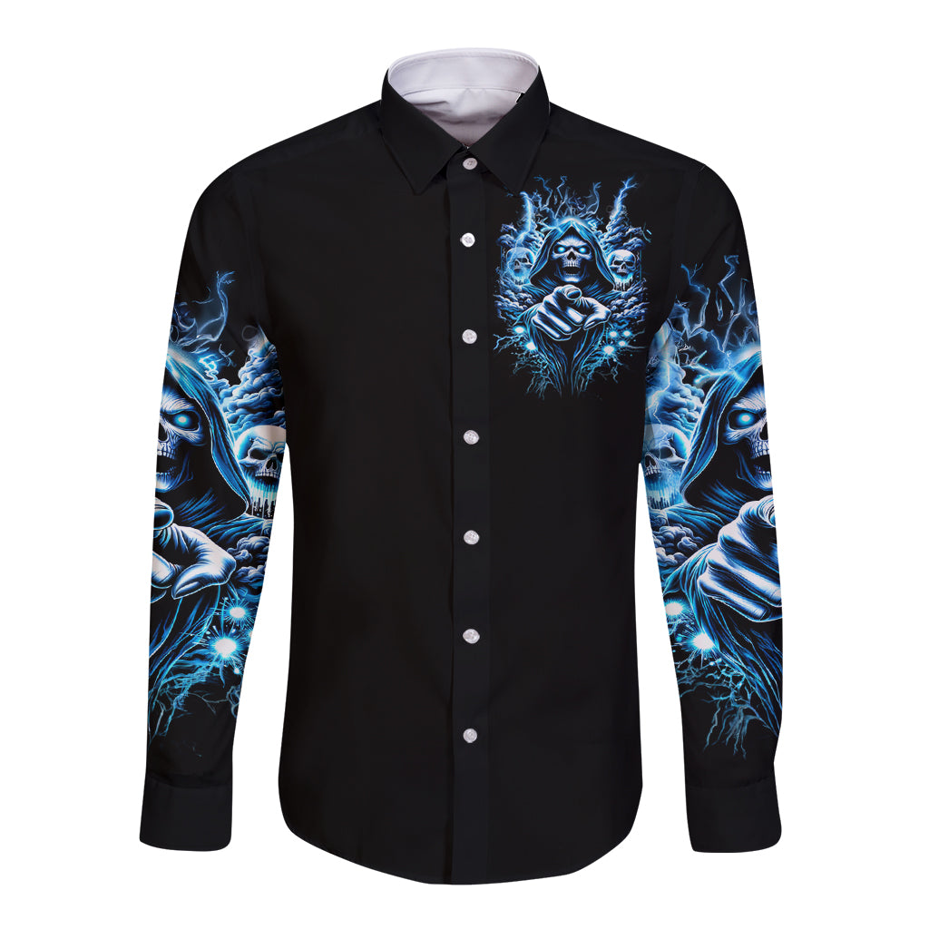 Black long-sleeve button shirt with blue skull chest graphic and patterned sleeves