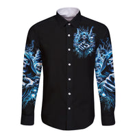 Black long-sleeve button shirt with blue skull chest graphic and patterned sleeves