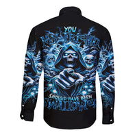 Black long-sleeve button shirt with large blue skull graphic on back
