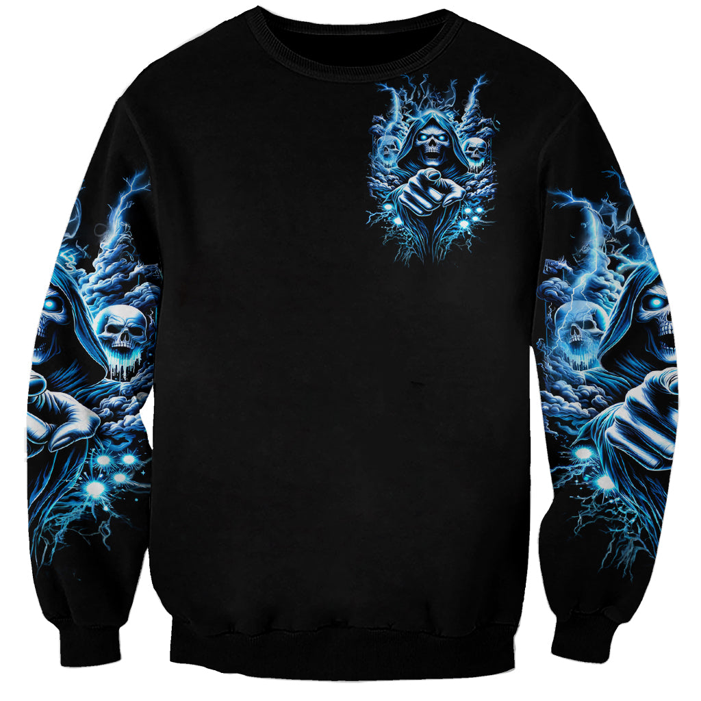 Black unisex sweatshirt with blue skull and lightning hands graphic on chest