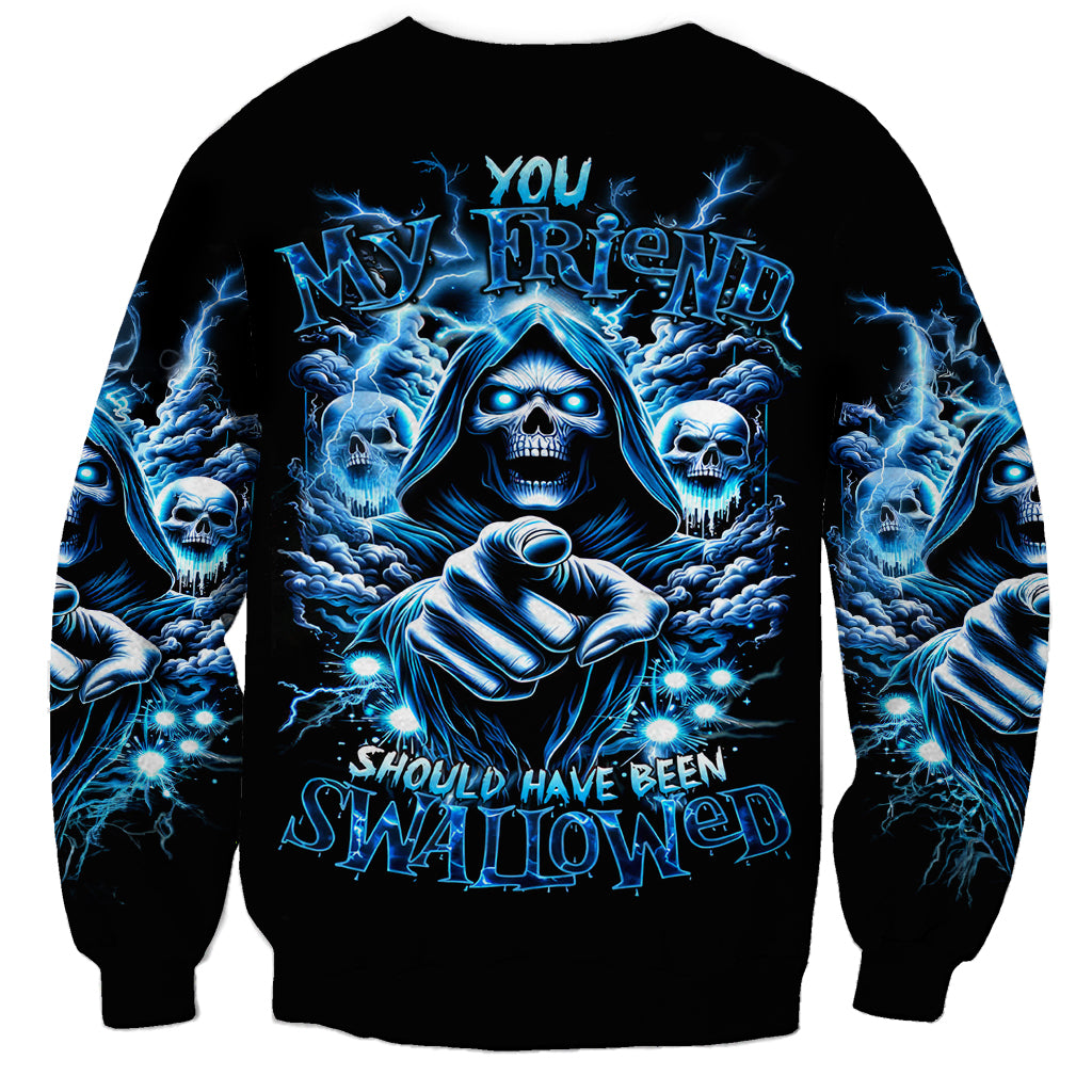 Black unisex sweatshirt with blue skull thunder graphic and 'swallowed' text on front