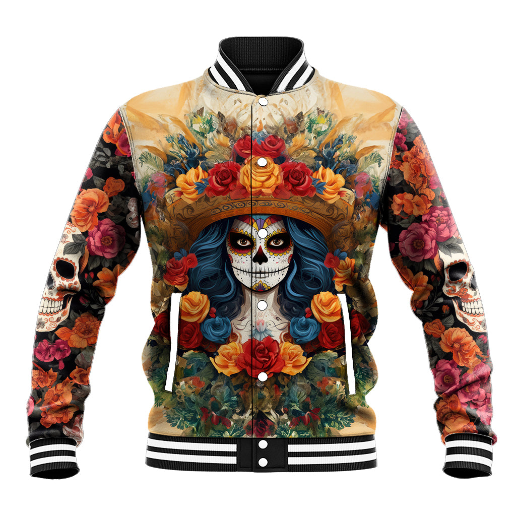 Day of Dead Lady Baseball Jacket Sugar Skull Field Rose Lady - Wonder Print Shop