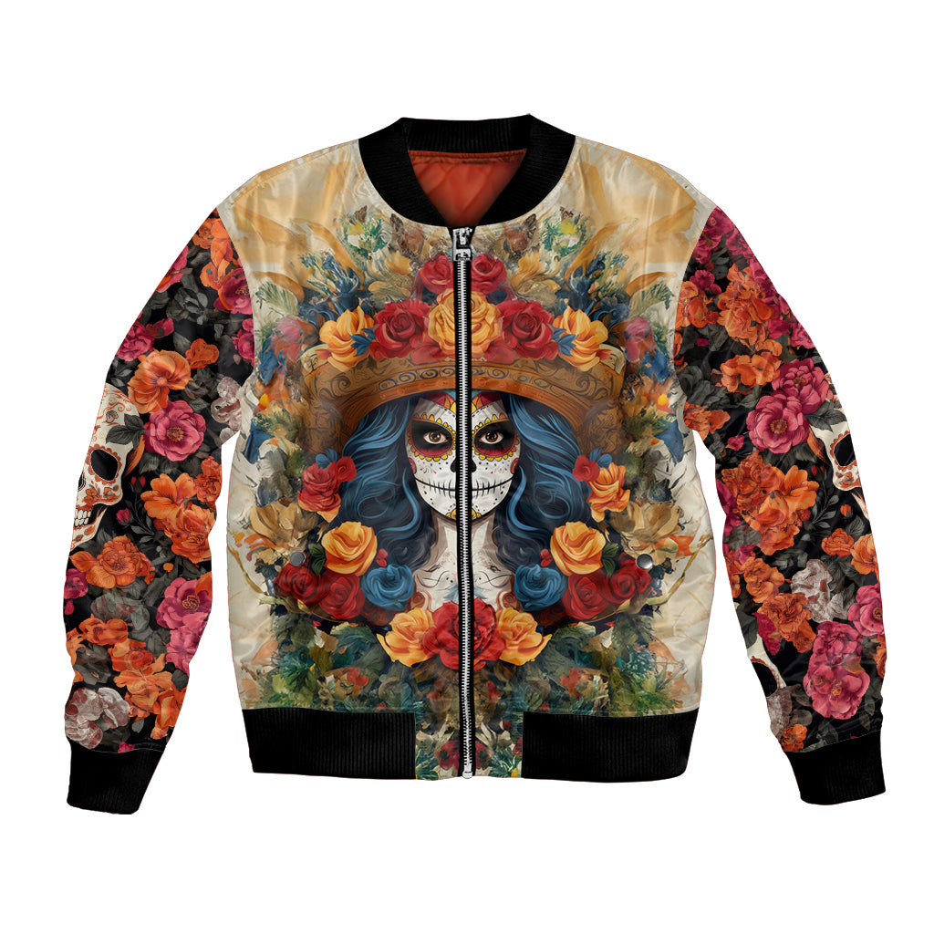 Day of Dead Lady Bomber Jacket Sugar Skull Field Rose Lady - Wonder Print Shop