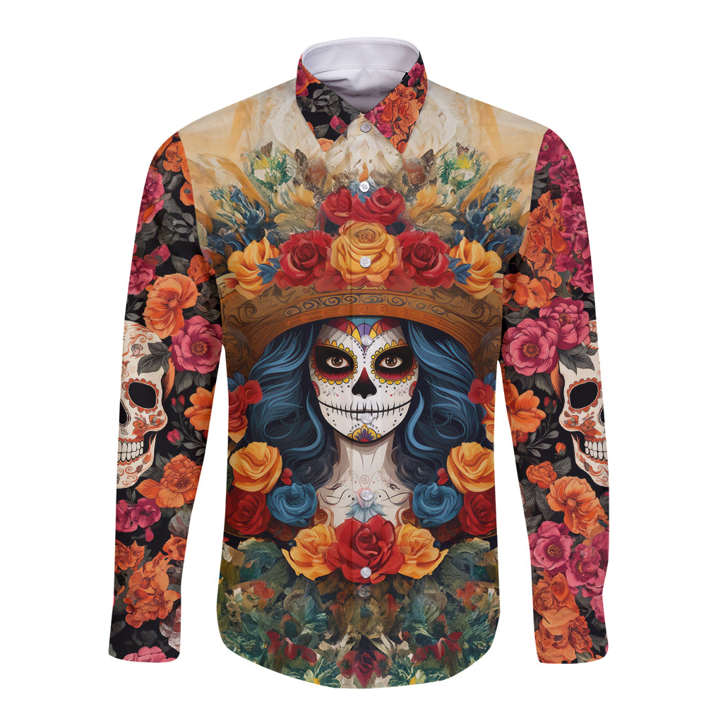 Day of Dead Lady Long Sleeve Button Shirt Sugar Skull Field Rose Lady - Wonder Print Shop