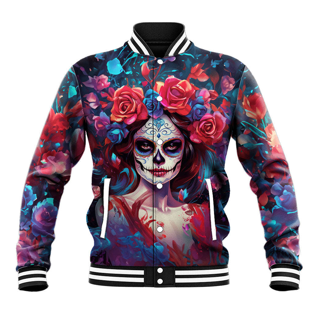 Multicolor baseball jacket with sugar skull lady and rose graphic, ribbed collar